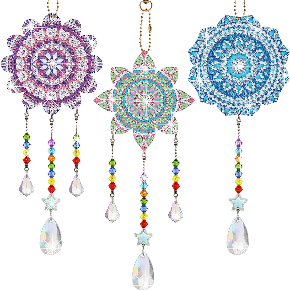 Macarrie 3 Pack Rhinestone Painting Suncatcher Wind Chime Double Sided Crystal Rhinestone Painting Hanging Ornament Flower Shape Suncatcher Kit for Adults DIY Window Home Garden(Fresh Style) Macarrie