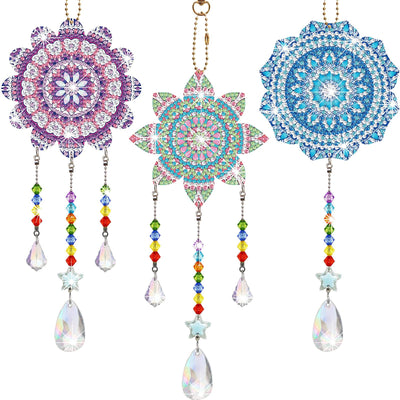 Macarrie 3 Pack Rhinestone Painting Suncatcher Wind Chime Double Sided Crystal Rhinestone Painting Hanging Ornament Flower Shape Suncatcher Kit for Adults DIY Window Home Garden(Fresh Style)