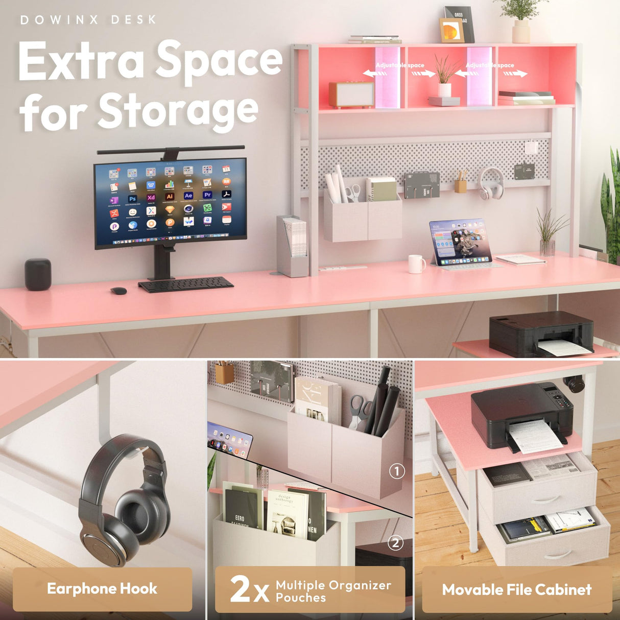 Dowinx L Shaped Desk with Pegboard and Drawers, Reversible 67” Gaming Desk with RGB Light and Power Outlet, Computer Corner Desk with Storage and Hutch for Game Office Home, Pink Dowinx