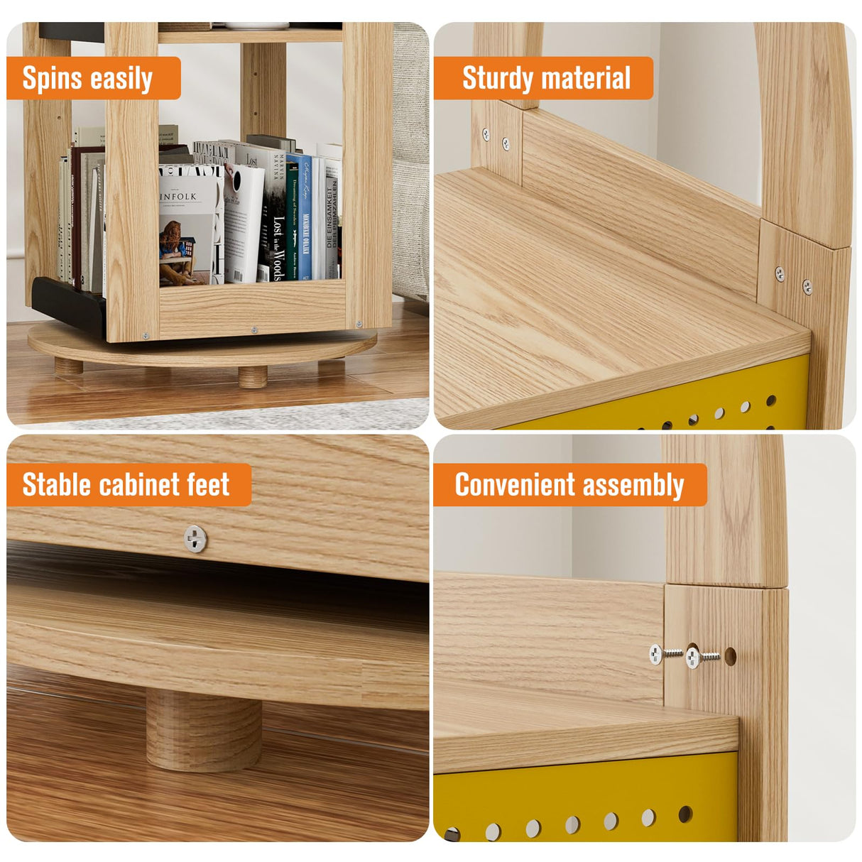 PulSpeed 360° Rotating Bookshelf 59" Tall - 4-Tier Solid Beech Wood & Iron Shelf DIY Pegboard, Anti-Tip Design Heavy Duty Storage for Small Space/Office/Living Room/Nursery/Apartment/Kid's Room PulSpeed