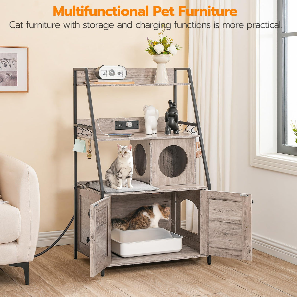 HOOBRO Litter Box Enclosure with 2 Storage Shelves, Tall Cat Litter Box Furniture Hidden with Charging Station, Indoor Cat Furniture with Cat House and Plush Mat, Greige BG70UMW01 HOOBRO