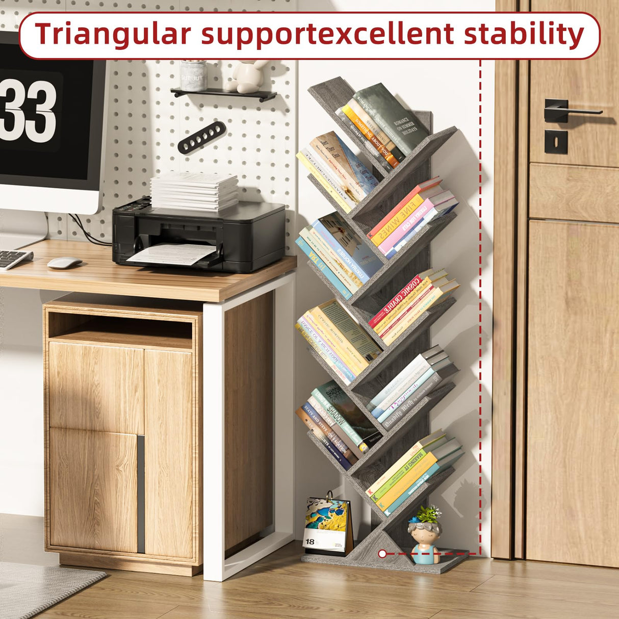 SHEEPAM 10 Tier Tree Book Shelf, Floor Standing Wood Bookshelf for Narrow Space, Storage Organizer Bookshelves for Books/CDs/Magazine, Bookcase with Shelves for Home Office, Living Room - Light Grey SHEEPAM