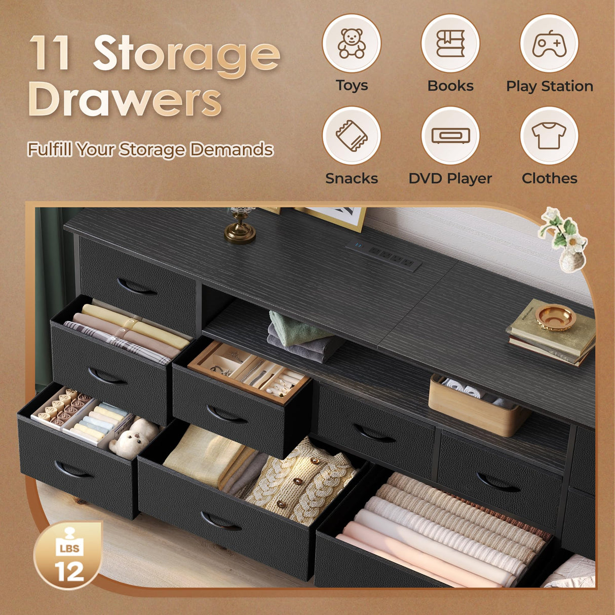 Huuger 63 Inch TV Stand for 65, 70 Inch TV, 11 Drawer Long Dresser with Power Outlets and LED Lights, Entertainment Center with Storage, Black Dresser with PU Leather Surface Huuger