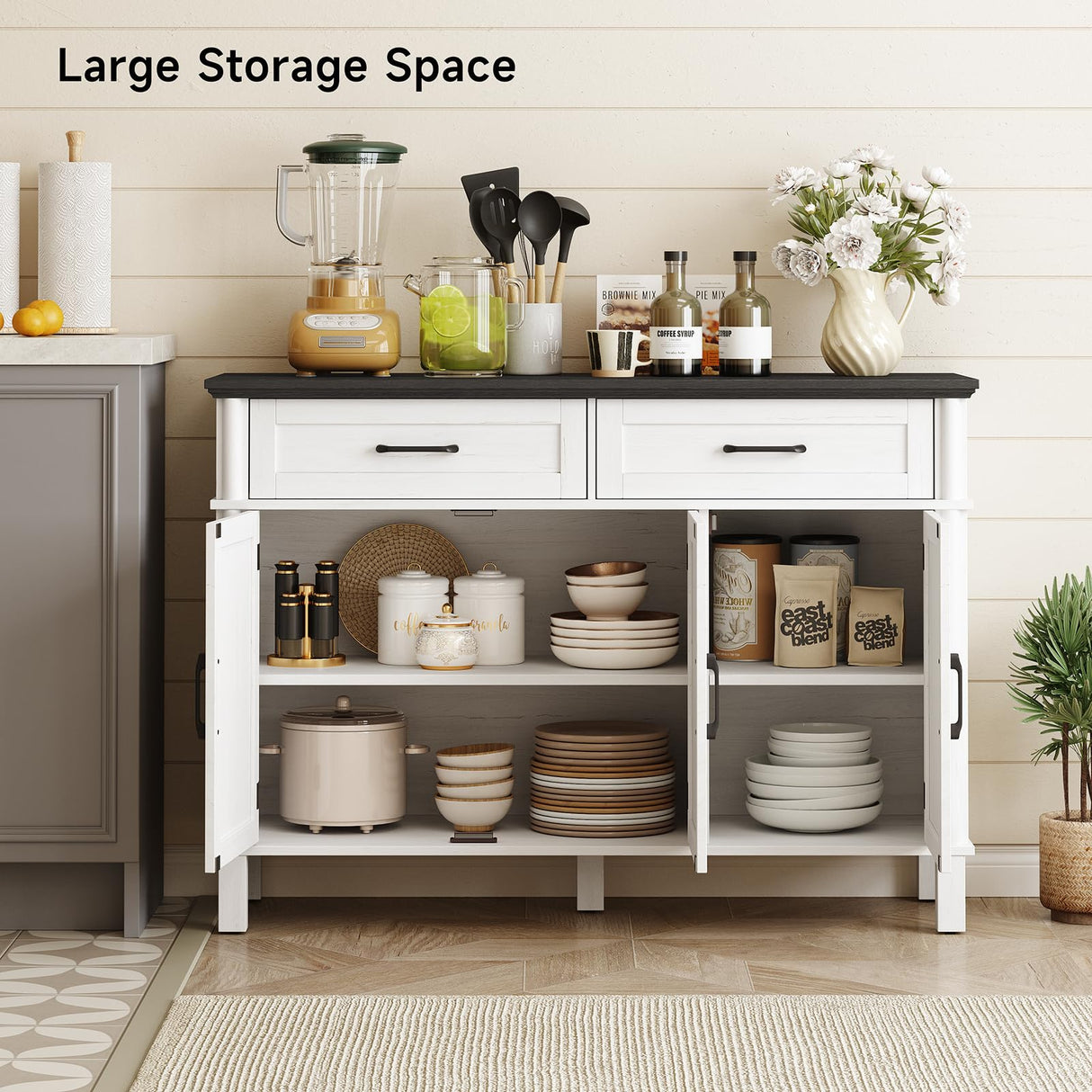 48 Inches Buffet Cabinet with Storage, Farmhouse Sideboard Buffet w/2 Drawers and 3 Doors, Wood Coffee Bar Cabinet with Adjustable Shelves, Sideboard Storage for Kitchen, Living Room, Off White&Black ONBRILL