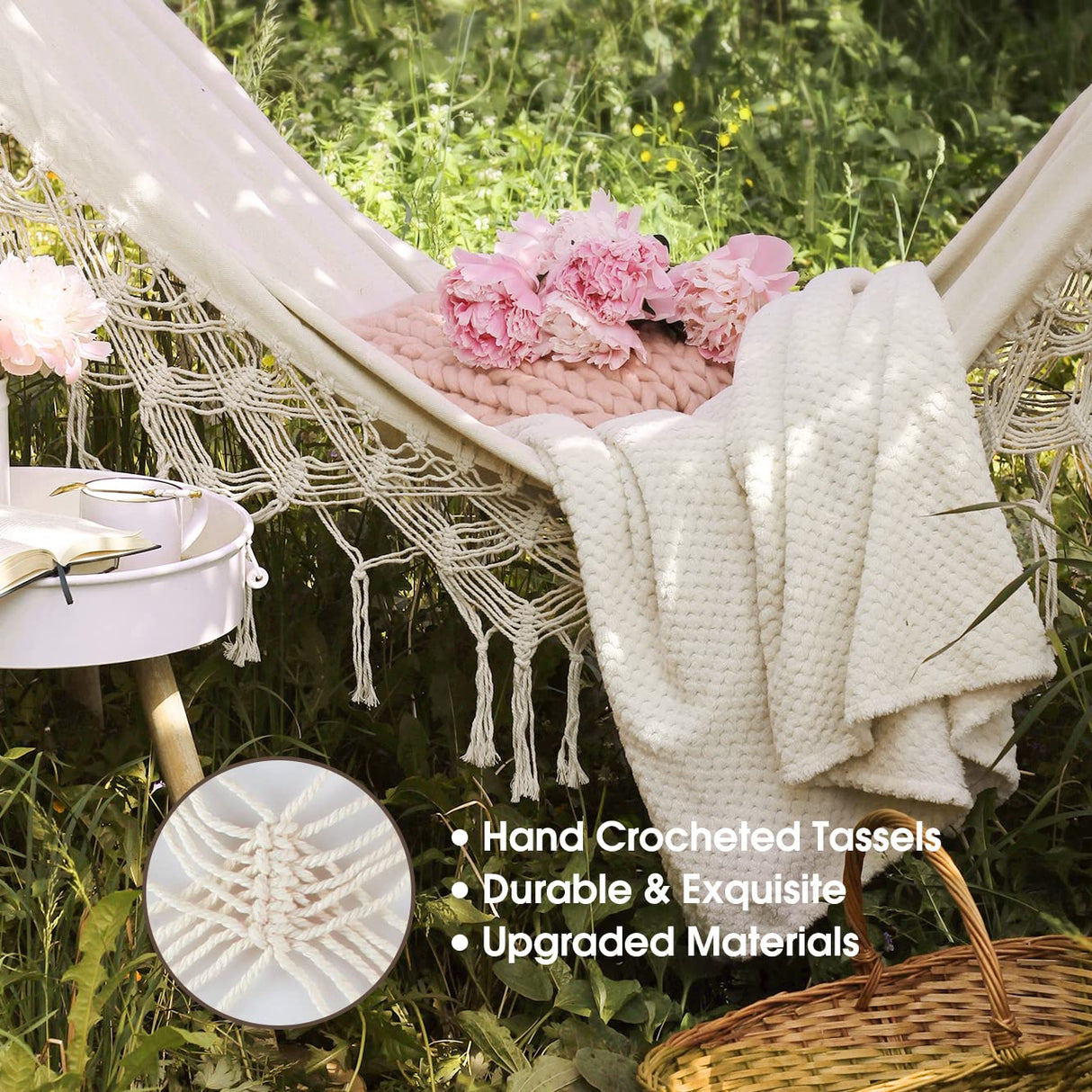 MOSFiATA Backyard Hammock with Tassels Max 500lbs Canvas Fabric Bohemian Style with Thickened Rope and Carry Bag for Outdoor, Garden, Patio, Wedding Decor (White) MOSFiATA