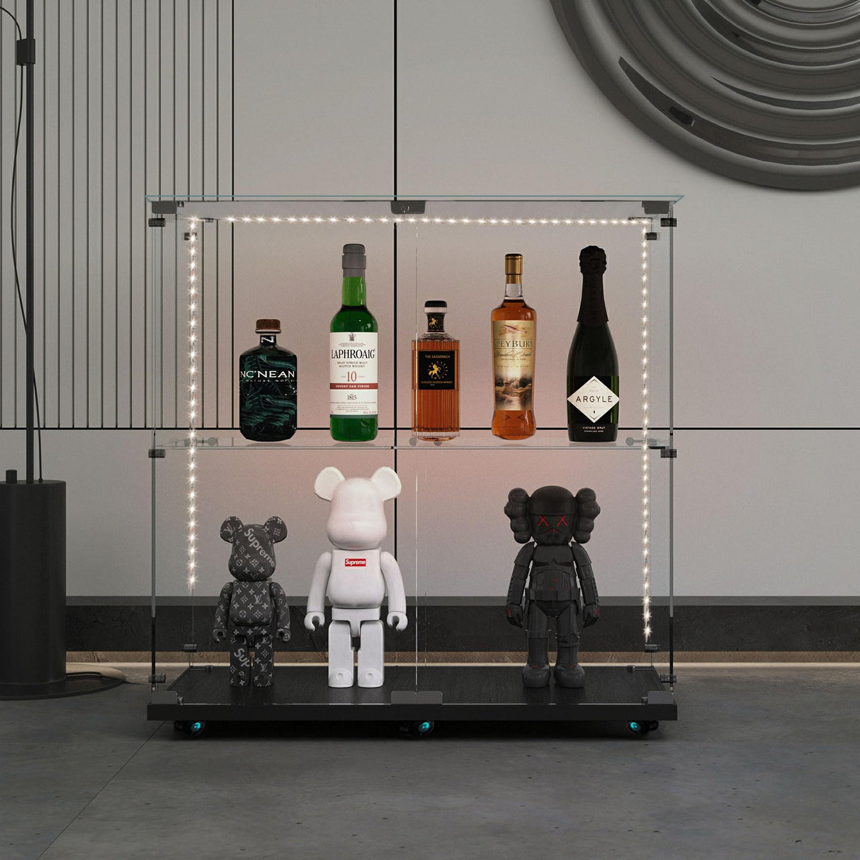 Yoluckea 2 Tiers Glass Display Cabinet with Bluetooth LED Light Strip, 2 Doors Floor Standing Curio Cabinet with Universal Wheel for Home, Black Glass Bookshelf for Collections, Clear Top Yoluckea