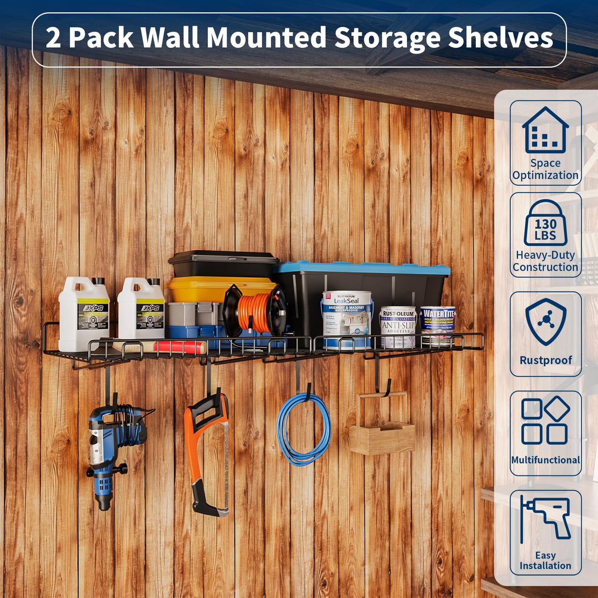 2 Pack Garage Wall Shelf, Wall Mounted Storage Shelves, Heavy Duty Metal Shelves for Room Wall, Loads 130 LBS Floating Shelves Mesh Storage Rack for Garage, Office, Basement,Wall Cabinet and Kitchen Riciakik