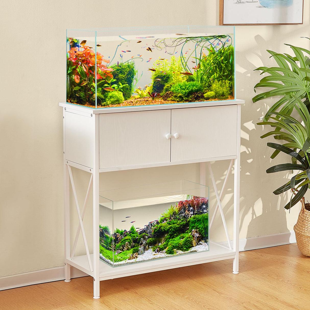 LAQUAL 20-29 Gallon Aquarium Stand with Cabinet, 20 Gallon Long Fish Tank Stand with 31''L * 12''W Tabletop, Double Heavy Metal Stand with Stable Structure, Adjustable Table Feet - White LAQUAL