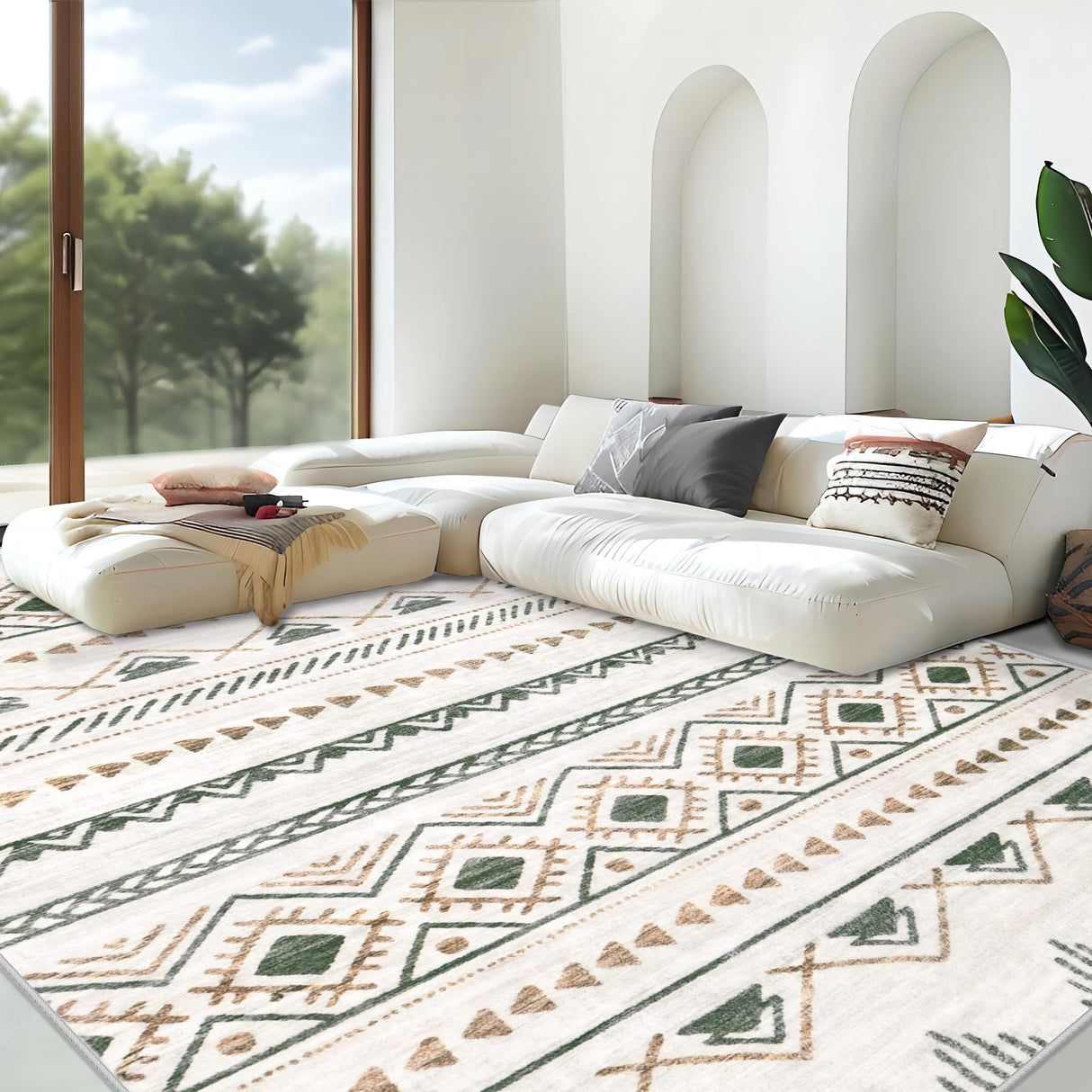 Area Rug for Living Room 9x12: Large Washable Boho Moroccan Rugs Geometric Neutral Rug, Non-Slip Foldable Morden Farmhouse Indoor Floor Carpet for Bedroom Dining Table Home(Brown Green,9'x12') Aoyaomi