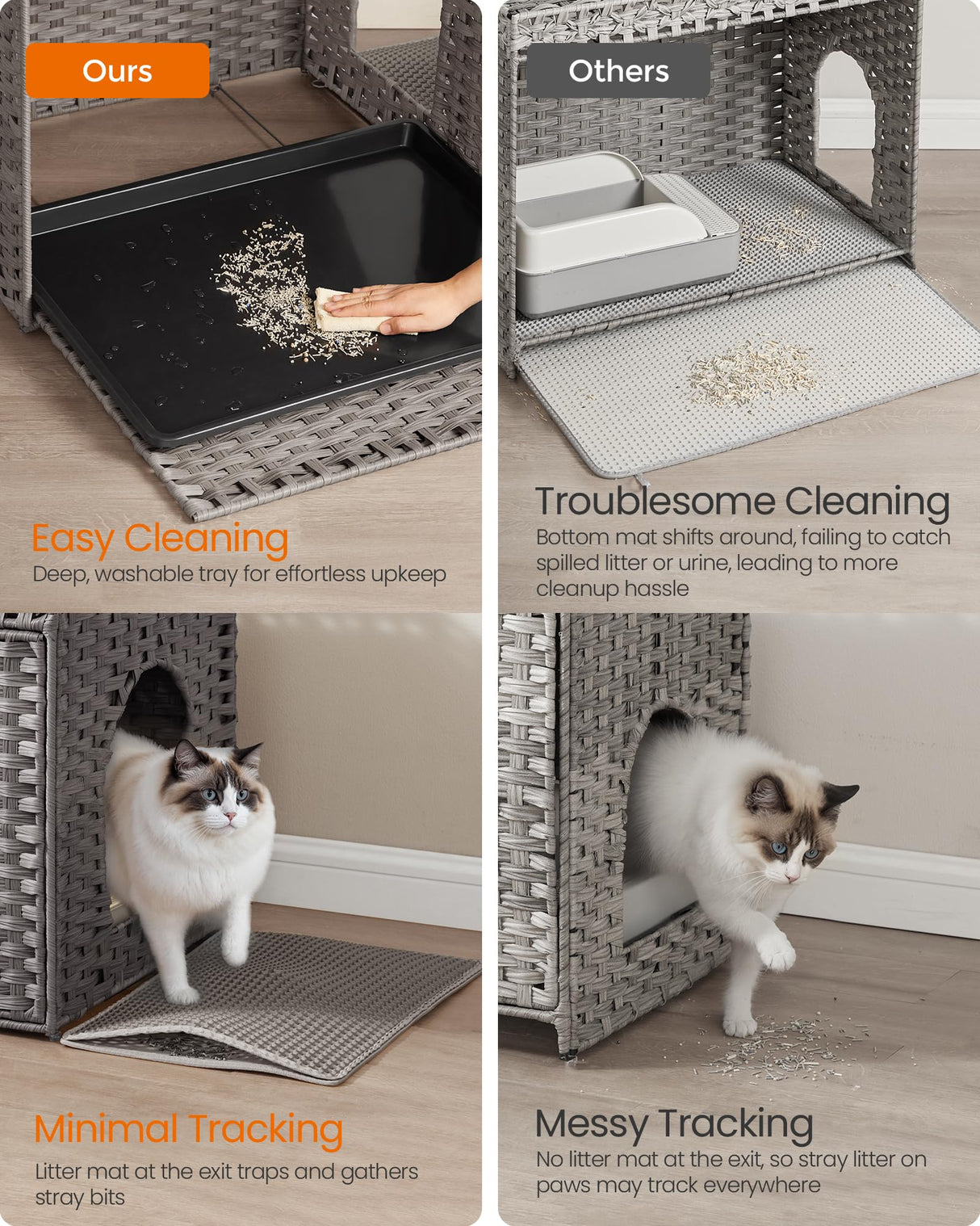 Feandrea Cat Litter Box Enclosure, Handwoven Rattan Hidden Litter Box Furniture with Extra Litter Mat, Removable Washable Tray, Boho Cat House, End Table, Dove Gray UPCL014G01 Feandrea