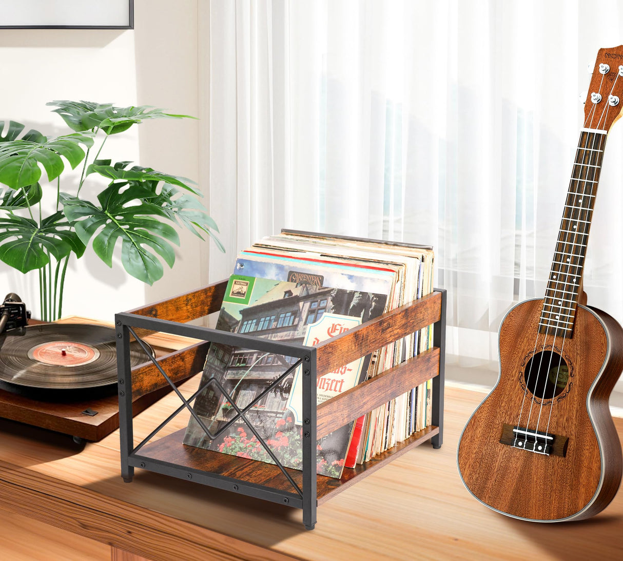 Y&M Vinyl Record Storage Crate, Wooden Storage Box, Classic Cube CD Albums Shelf Holder Organizer, Holds Up to 100+ Records, Magazine Rack for Desktop, Home, Office, Brown Y&M