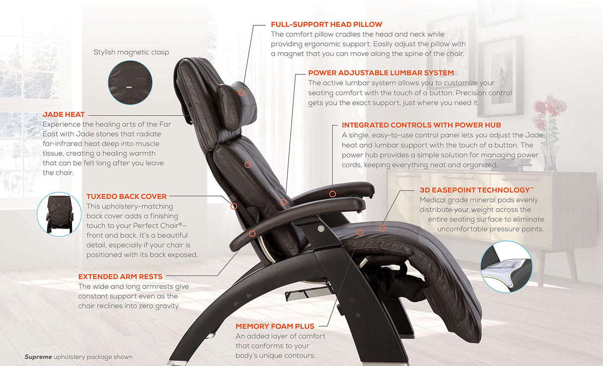 Perfect Chair Human Touch PC-610 Omni-Motion Classic Power Recline Zero Gravity Recliner Supreme Upholstery Package Walnut Wood Stain - Black Premium Leather Perfect Chair