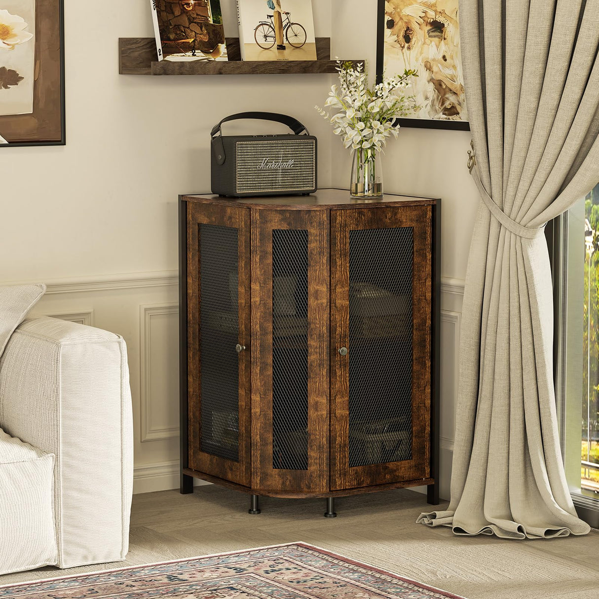 JKsmart Corner Storage Cabinet with Open Shelf, 3-Tier Industrial Wine Bar Cabinet with Door, Industrial Corner Cabinet for Kitchen, Living Room, Dining Room, Rustic Brown JKsmart