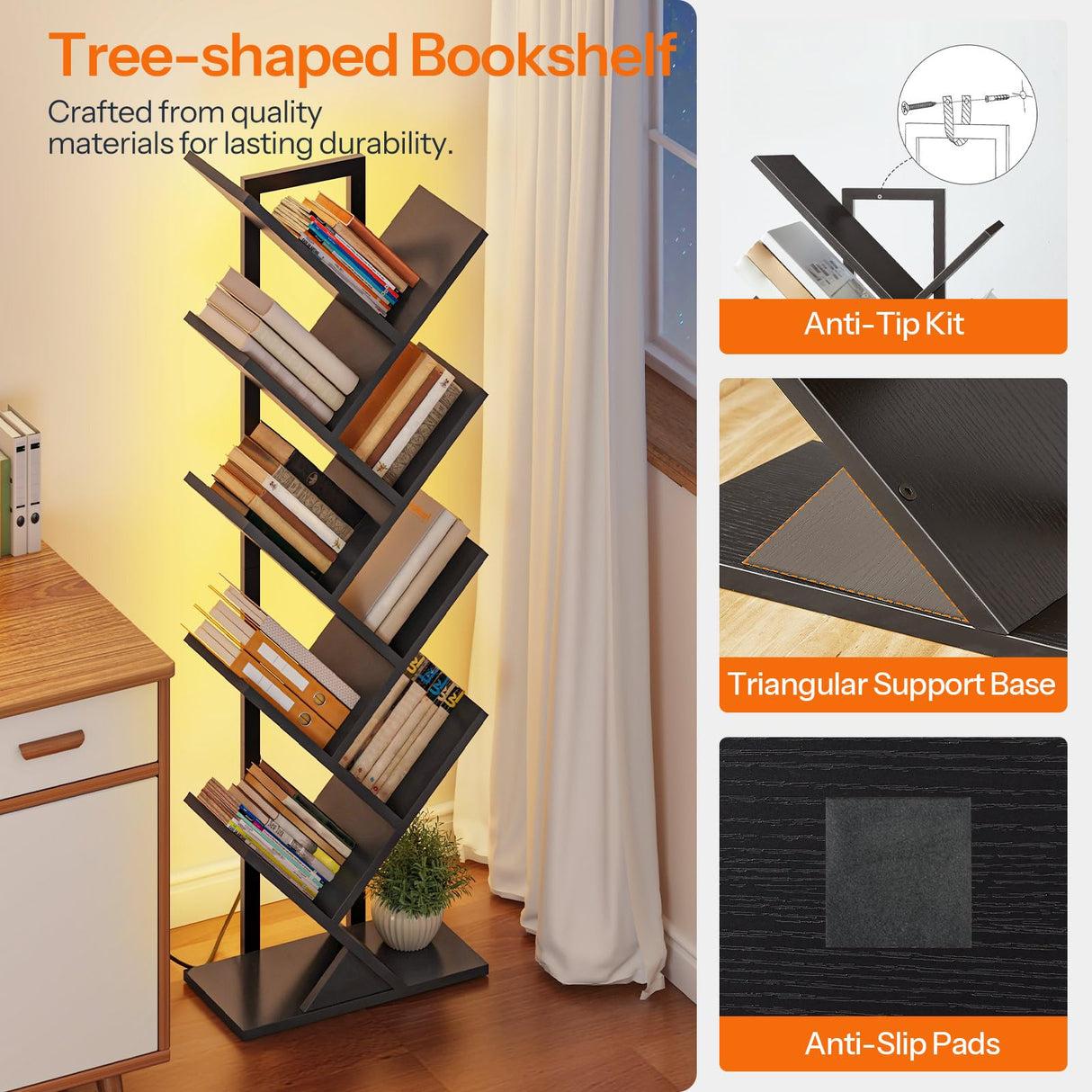 HOOBRO Tree Bookshelf, 9-Tier Bookcase with LED Lights, Space-Saving Book Shelf, Holds Books, CDs, Floor Standing Bookcase for Office, Living Room, Bedroom, Black BB08DSJ01 HOOBRO
