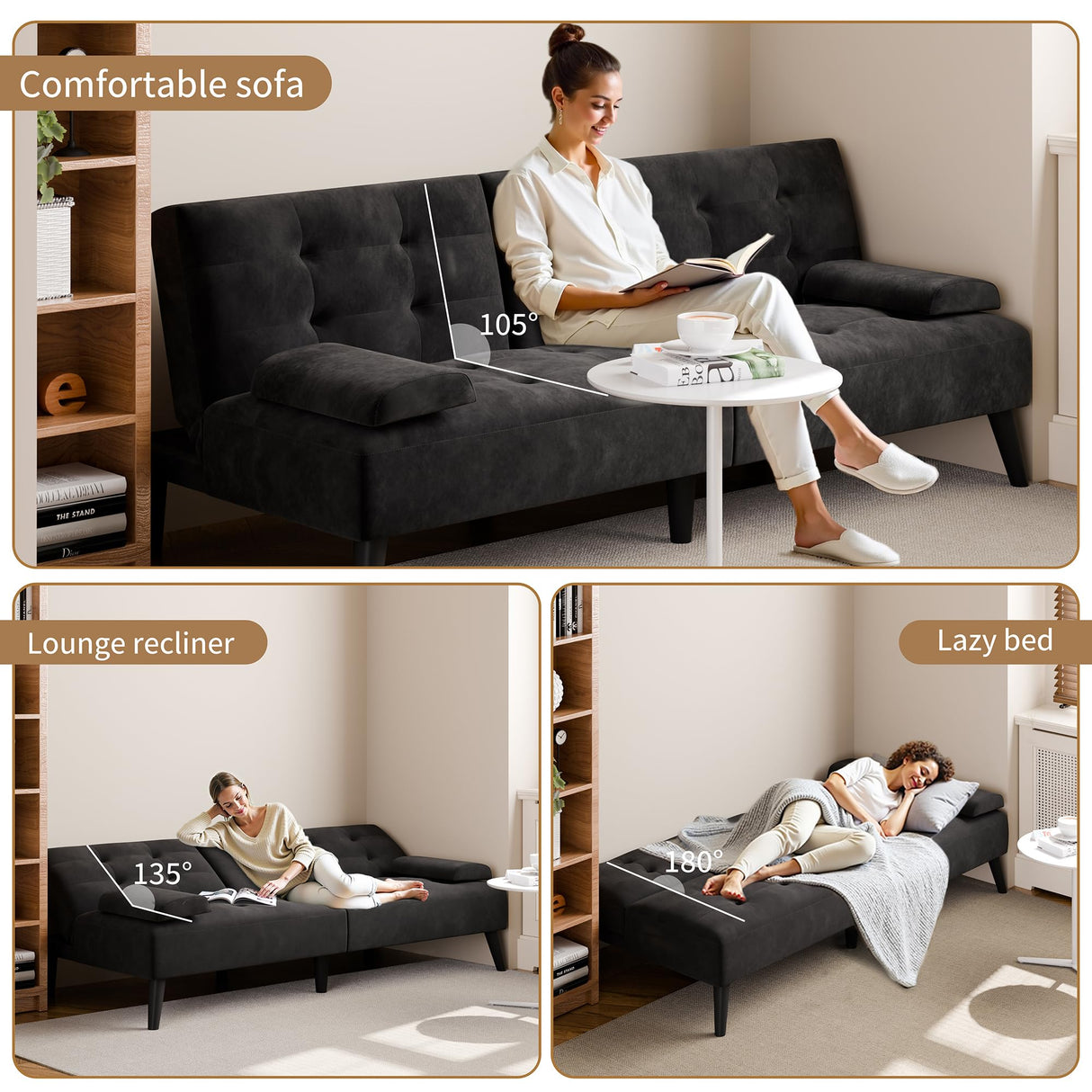 JAMFLY Futon Couches Loveseat Sofa Bed, Convertible Lazy Futon Sofa Bed with Cup Holder for Small Spaces, Bedroom, Apartment, Dorm, Living Room, Dorm, Black Velvet JAMFLY