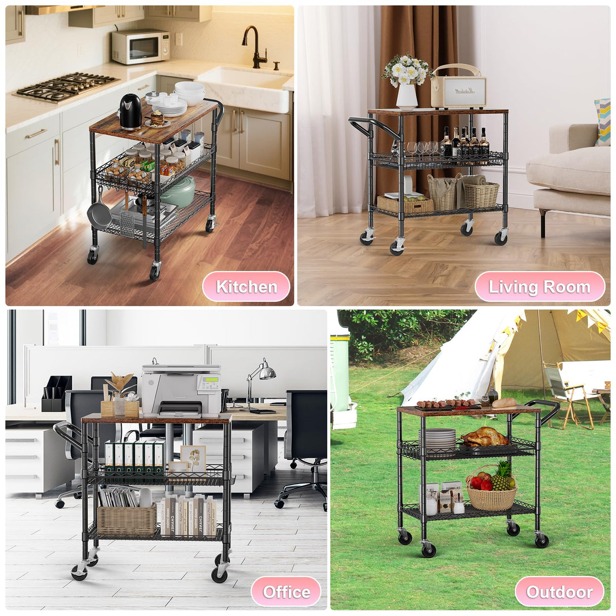 WDT 3 Tier Rolling Carts with Wheels, Heavy Duty Rolling Utility Cart with Wood Tabletop, Commercial Grade Metal Cart with Handle and Hooks, NSF Storage Serving Carts for Kitchen Island, Wood+Metal WDT