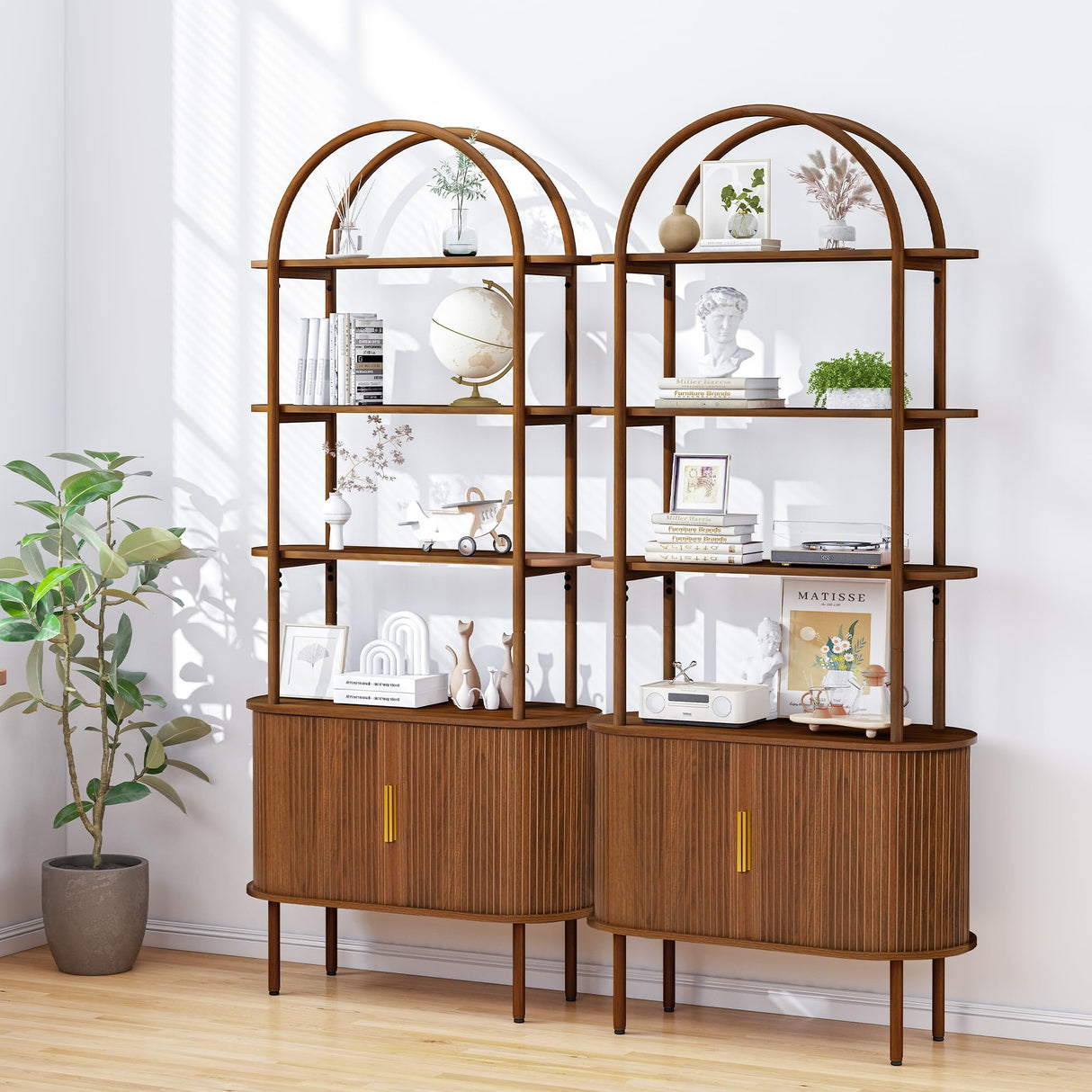 Turtle&Myrtle Tall Arched Bookshelf, Mid Century Modern Fluted Bookcase Cabinet with Sliding Doors, Curved Metal Frame Bookcase, Industrial Storage Display Shelving for Living Room, Bedroom (Walnut) Turtle&Myrtle