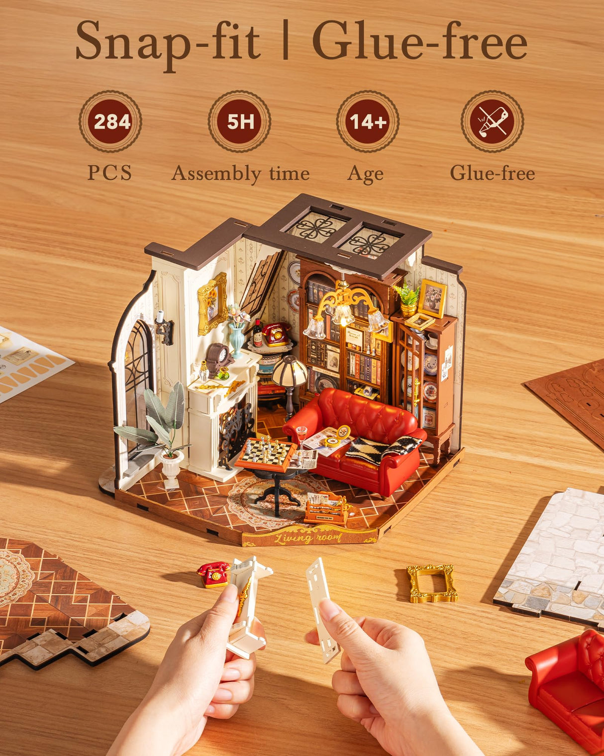 Rolife DIY Miniature House Kit Victorian Parlor 1:18 Scale Dollhouse Diorama, Tiny House Building Kit Antique Bookshelf Display Crafts for Adults Gift for Boys Girls (Catherine's Living Room) Rolife