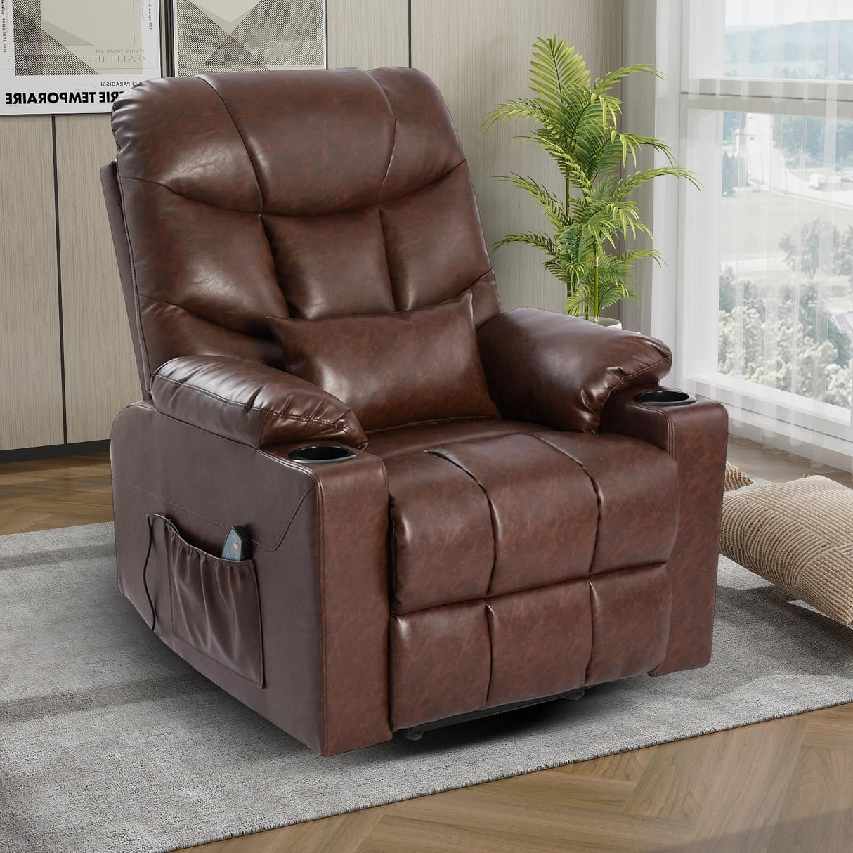 OQQOEE Power Lift Recliner Chair, Electric Recliners Chair for Elderly, PU Leather Massage Chair with Heat, Ergonomic Single Lounge Sofa Home w/Cup Holder, Theater Seating with 2 Pockets/USB OQQOEE