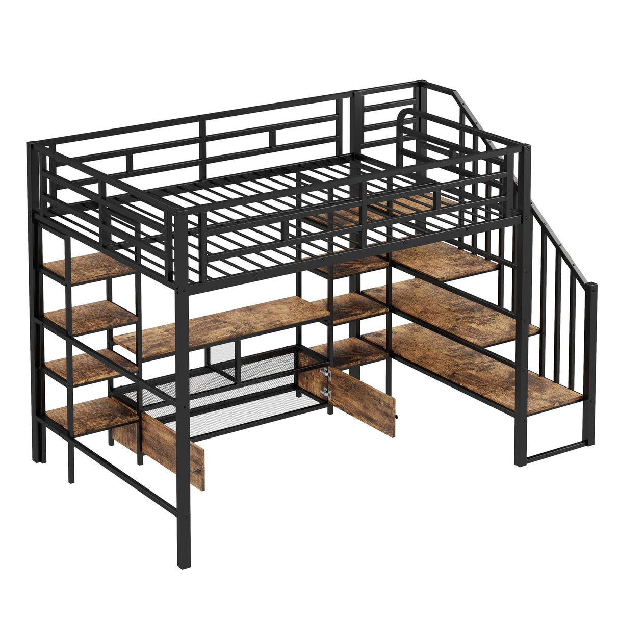 Ziraukon Full Size Metal Loft Bed with Staircase, Heavy Duty Bed Frame, Low Storage Table and Storage Shelves, Maximize Space Saving, Study and Multifunctional, Black Ziraukon