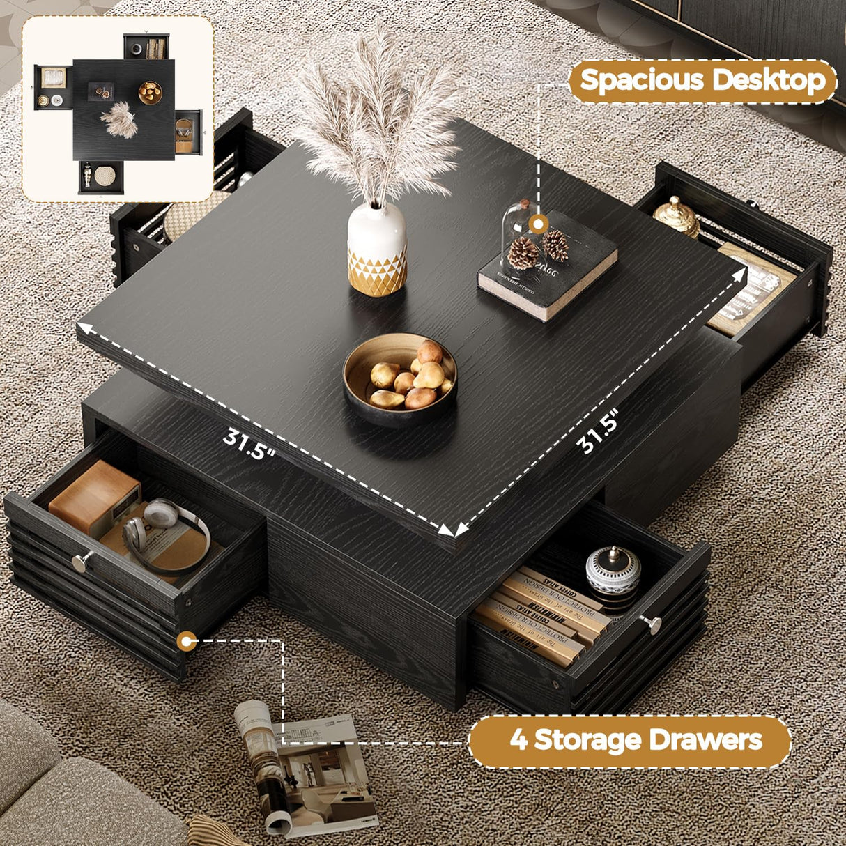 IRONCK Coffee Table with LED Light and Charging Station, 4 Storage Drawers with Grille Design, Square Coffee Table for Living Room Office Reception Room (Black) IRONCK