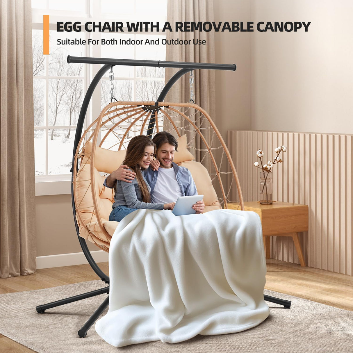 YOLENY Oversized Double Egg Chair with Adjustable Canopy, Patio Hanging Swing Chair, Hammock Chair with Cushion YOLENY
