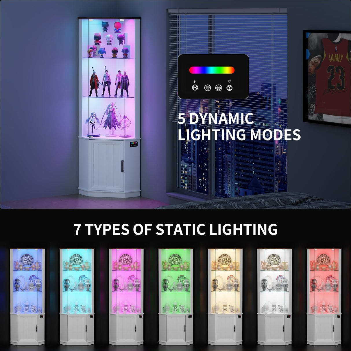 Lvifur 69" Corner Glass Display Cabinet with RGB Lights,3-Tier Movable Glass Shelves,Curio Display with Human Body Sensor,Bookcase with Storage Cabinet for Toys,Books,Collectibles,Liquor,White Lvifur
