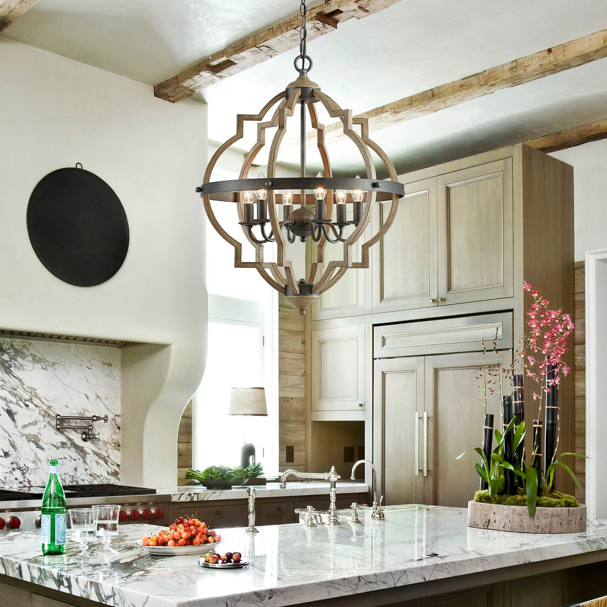 Saint Mossi 6-Lights Farmhouse Chandelier Light Fixture, Rustic Globe Chandelier for Dining Room, Pendant Light Fixtures,H29 x D21, Adjustable Hanging Chain, Wood Grain Metal Frame SM Saint Mossi