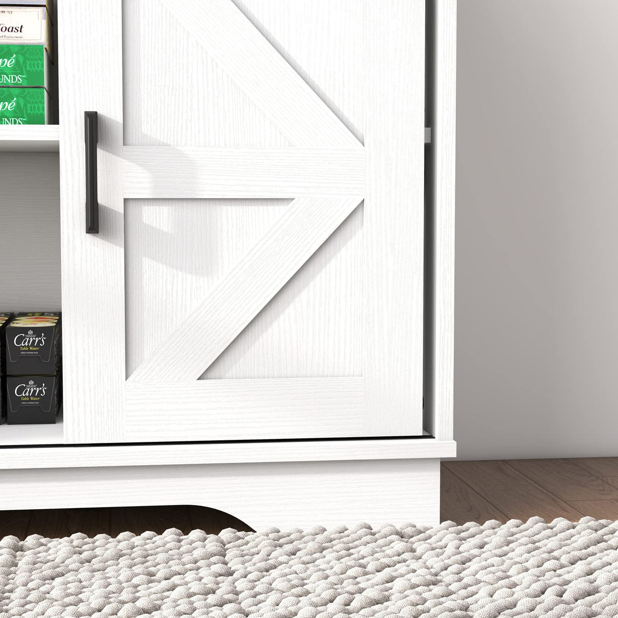 Panana Bar Cabinet with Barn 2 Sliding Doors Buffet Farmhouse Storage Cabinet TV Stand (White Body Natural Top) Panana