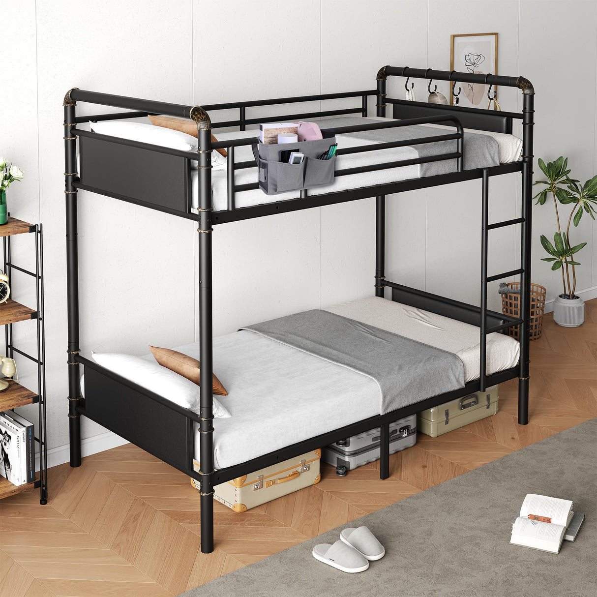Jocoevol Metal Bunk Bed Twin Over Twin, Industrial Bunkbeds Heavy Duty Bed with Safety Guard Rails and Space-Saving Design, Steel Bed for School, Bedroom (Black Leather) Jocoevol