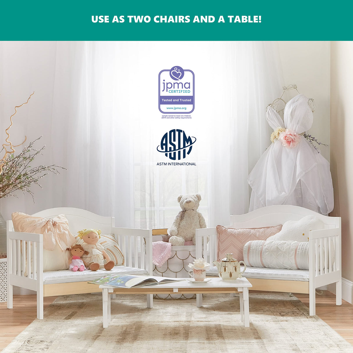 Dream On Me Portland 3 In 1 Convertible Toddler Bed in White, Greenguard Gold Certified, JPMA Certified, Low To Floor Design, Non-Toxic Finish, Pinewood Browell