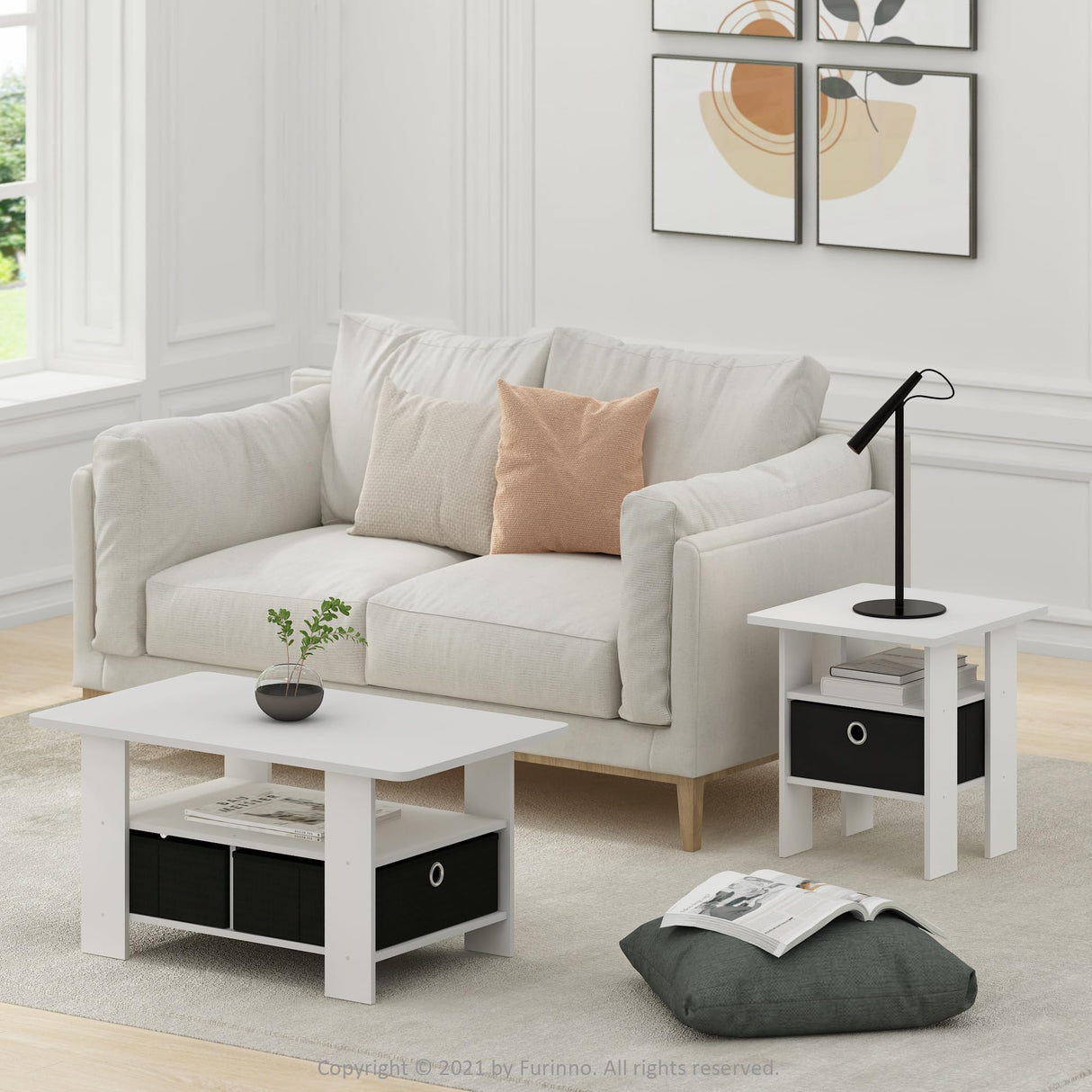 Furinno Andrey Coffee Table with Bin Drawer, White/Black Furinno