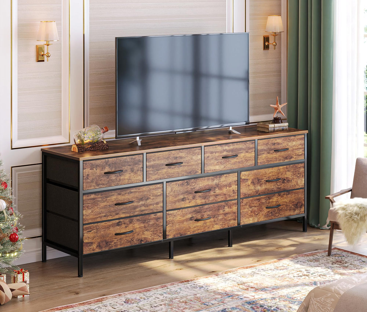 Huuger 63 Inch TV Stand Dresser for Bedroom, Long Dresser with 10 Fabric Drawers, TV Stand for 55, 65, 70 Inch TV, Entertainment Center, Wide Chest of Drawer, Rustic Brown Huuger