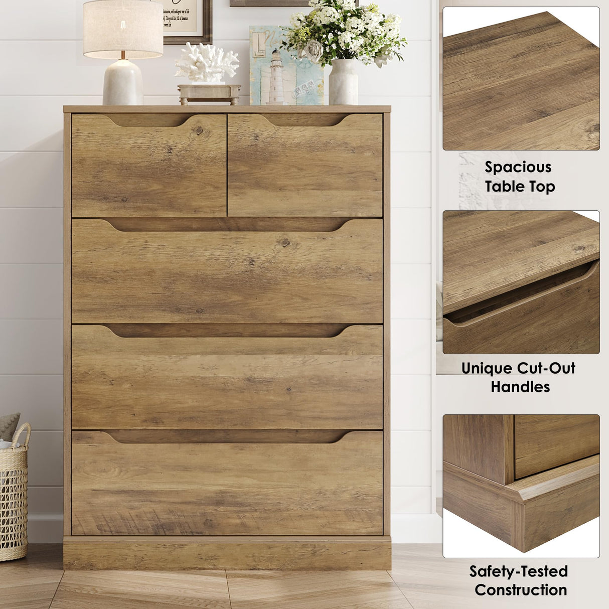 HOSTACK Modern 5 Drawer Dresser for Bedroom, Chest of Drawers with Storage, Wood Storage Chest Organizers with Cut-Out Handles, Accent Storage Cabinet for Living Room, Entryway, Hallway, Rustic Brown HOSTACK