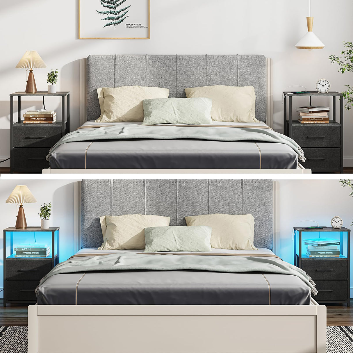 TUTOTAK LED End Table with Charging Station, Nightstand with Cloth Drawer, Side Table with 1 USB Port and 1 Type-C port, set of 2, Couch Table, Charcoal Grey TB01BY052L TUTOTAK