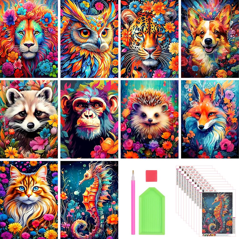 Stalente Diamond Painting Kits for Adults, 10 Pack 5D Diamond Art Kits for Beginners Round Full Drill Diamond Painting for Home Wall Decoration Gift 12×16inch, Animal Stalente