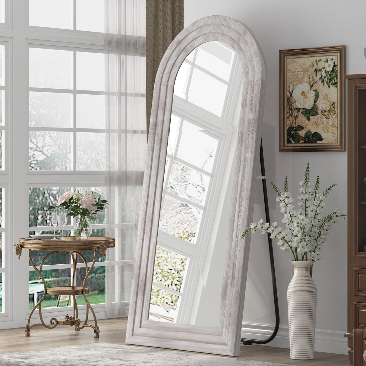ZHUNFA Arched Full Length Mirror with Solid Wood Frame, 65x22 Farmhouse Wall Mirror Full Length with Stand, Vertical Hanging, Leaning Standing for Bedroom, Living Room, Rustic White ZHUNFA
