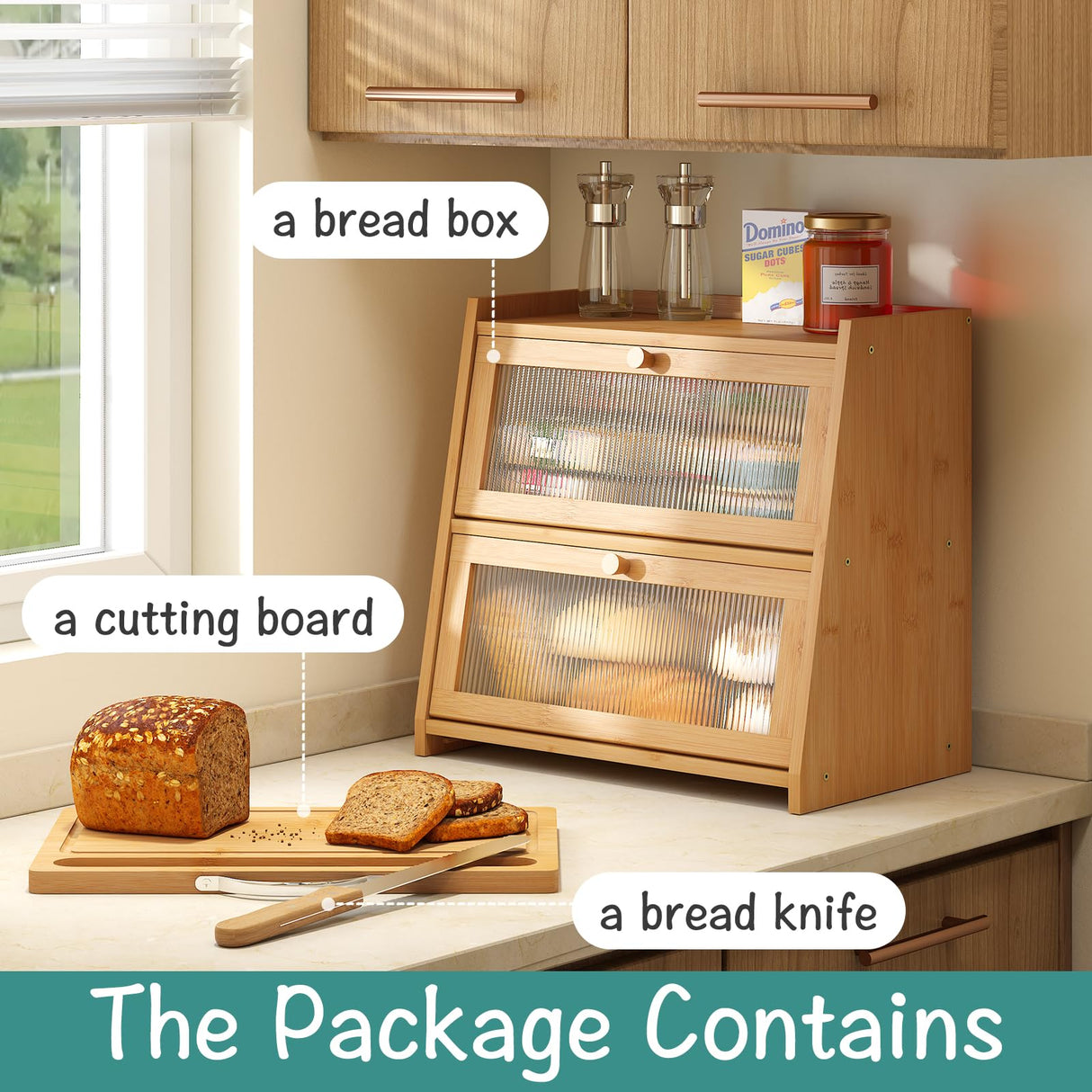 viewcare Large Bread Box for Kitchen Counter With Cutting Board, 2-Tier Bread Box, Bamboo Wood Large Capacity Bread Storage Bin with Acrylic Wavy Door Panel viewcare