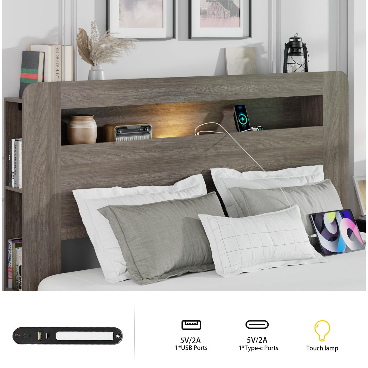 Queen Size Wooden Bed Frame with Bookcace Storage Headboard, Rustic Farmhouse Bedframe with LED Lights and Charging Station, Sturdy and Stable, Slat Support, No Box Spring Required (Light Brown) PAUKIN