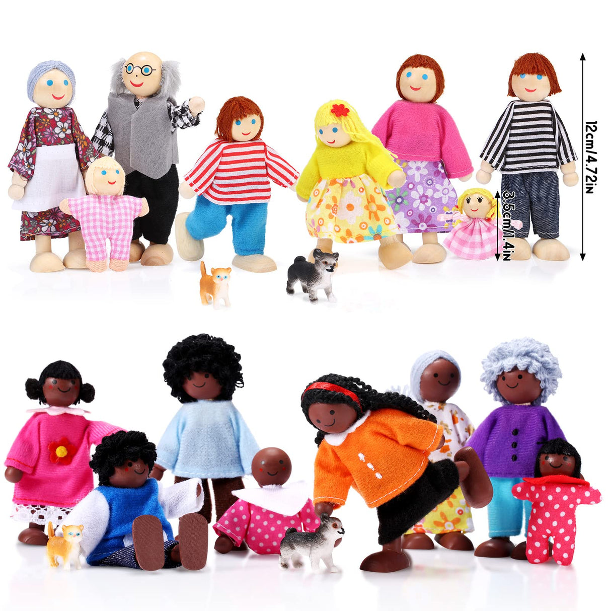 20 Pcs Wooden Dollhouse Family Set of 16 Mini People Figures and 4 Pets, Dollhouse Dolls Wooden Doll Family Cosplay Figures Accessories for Pretend Dollhouse Toy (Cute Style) Skylety