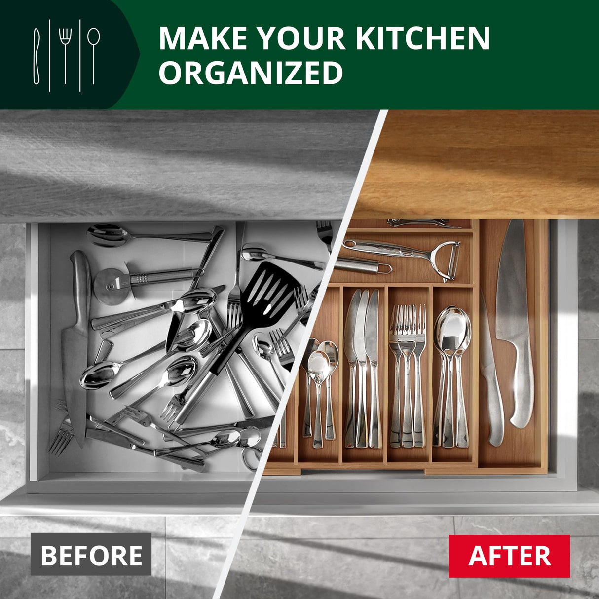 ROYAL CRAFT WOOD Luxury Bamboo Kitchen Drawer Organizer - Silverware Organizer - Utensil Holder and Cutlery Tray with Grooved Drawer Dividers for Flatware and Kitchen Utensils (9 Slot, Brown Bamboo) ROYAL CRAFT WOOD