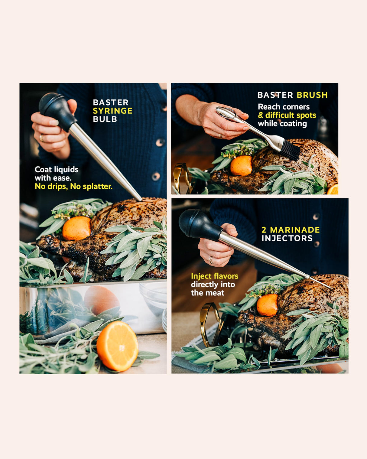 Liquid Solution Turkey Baster 5 Piece Set, Includes Baster for Cooking, Barbecue Basting Brush, Flavor Injector with Cleaning Brush - Perfect for Thanksgiving or Regular Cookout Liquid Solution