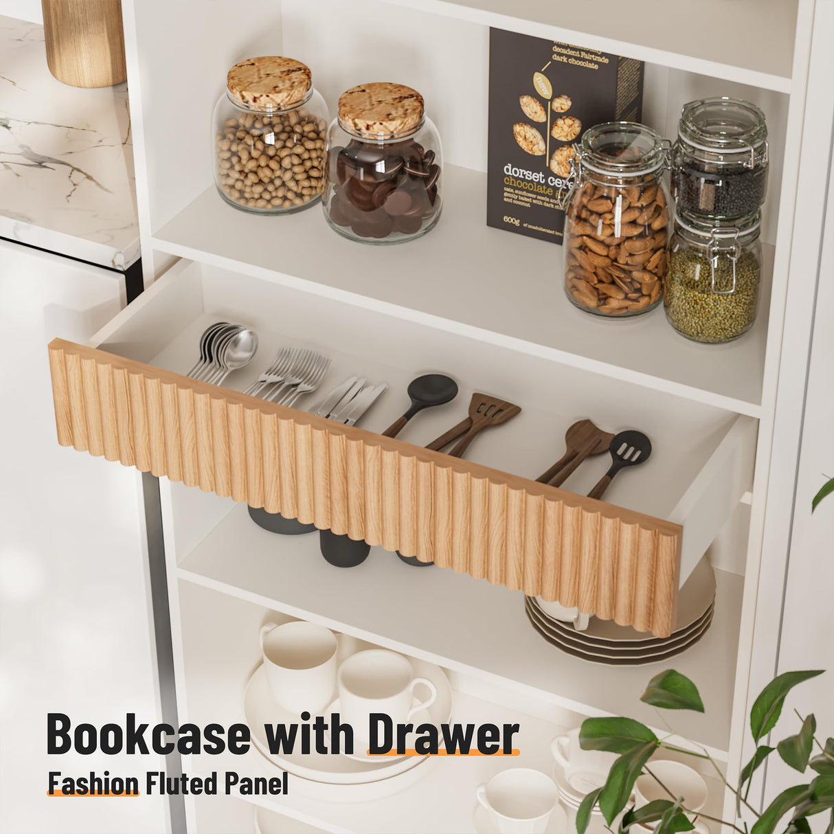 INNOD 72" Tall Bookshelf with Storage, 7-Tier Bookcase Fluted with Drawer, Display Book Shelf Book Organizer with Anti-tip Device, Home Decor Wood Furniture for Bedroom, Living Room and Office, White INNOD