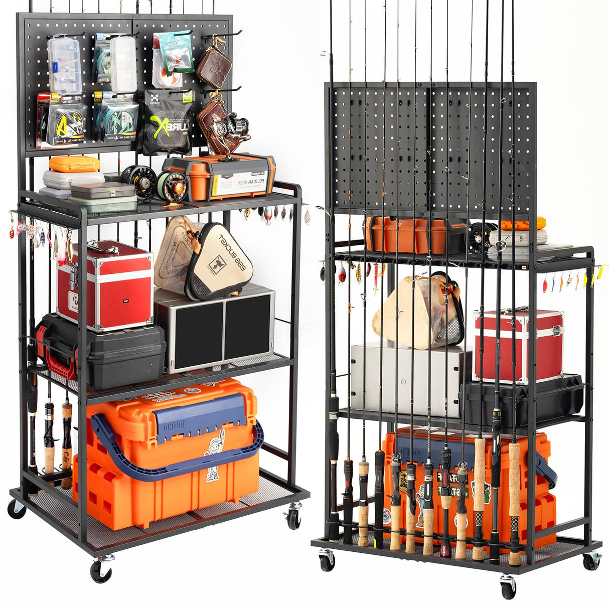 SOYEEZE Large Size Fishing Rod Holders for Garage, 3-Tier Fishing Pole Rack with Pegboard and Hooks, Fishing Gear Tackle Box Organizer Up to 12 Rods, Rolling Fishing Storage Cart with Lockable Wheels SOYEEZE