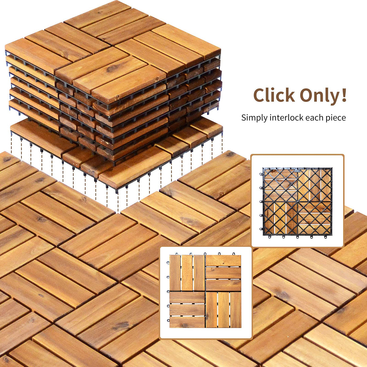 Giantex 10 PCS Interlocking Patio Deck Tiles, 12 x 12in Acacia Hardwood Outdoor Flooring Tiles, 10 sq.ft Wood Composite Deck Flooring Pavers for Outdoor Indoor, Tools Free Assembly, Checker Pattern Giantex