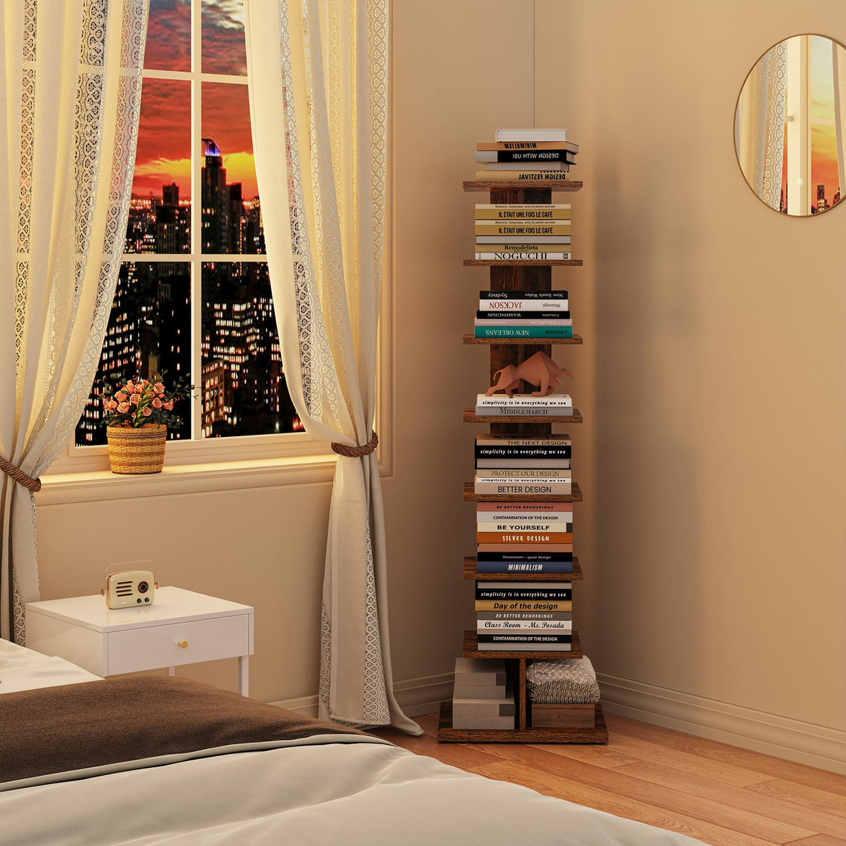 TUTOTAK Vertical Bookshelf, 8-Tier Bookcase, Narrow Spine Book Shelf for Small Space, Corner Standing Shelf for Living Room, Office, Study, Entryway, Rustic Brown BS06BB008 TUTOTAK