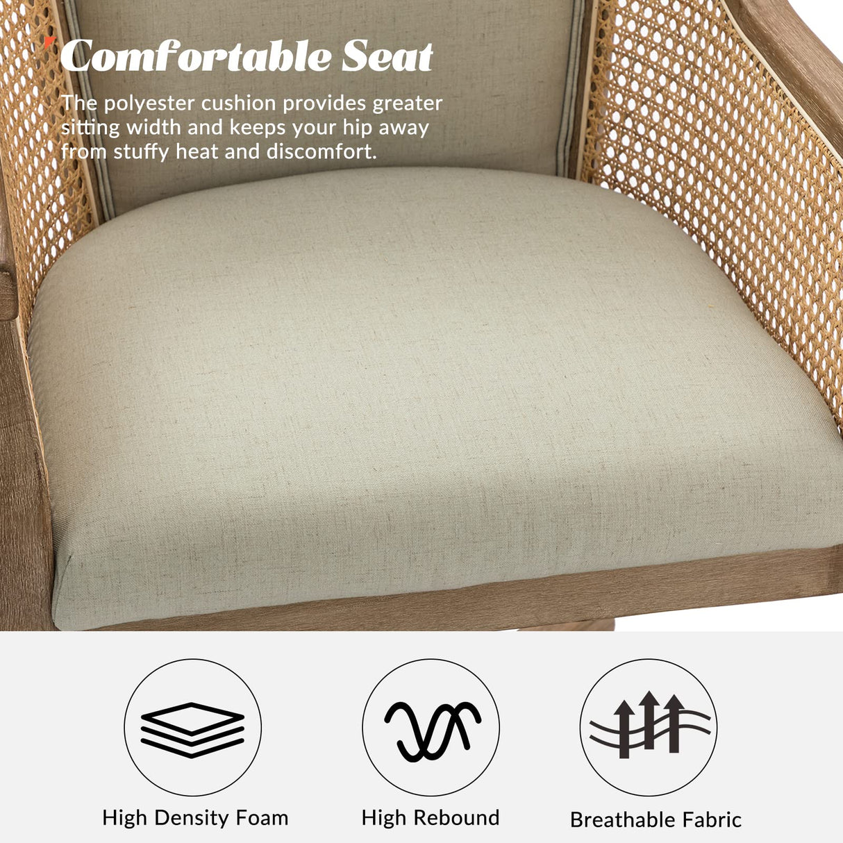 HULALA HOME Rattan Desk Chair, Upholstered Home Office Chair, Vintage Office Chair with Armrest, Adjustable Swivel Rolling Height Task Chair for Living Room Bedroom Study Room, Linen HULALA HOME