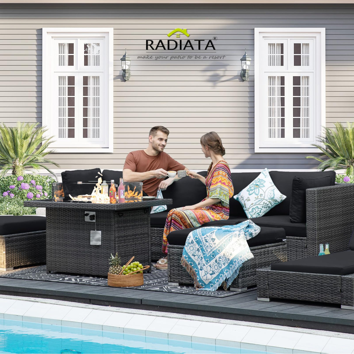 RADIATA 9 Piece Wicker Patio Furniture Set with Fire Pit, All-Weather Outdoor Sectional Couch High Back Large Size, Modular Backyard Seating Sofa Set with Propane/Natural Gas Firepit Table, Grey&Black RADIATA