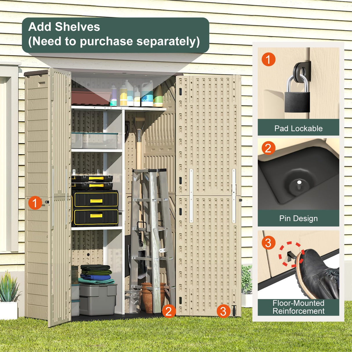 IWDOO 60 Cu.Ft Vertical Outdoor Storage Shed, All-Weather Resin Storage Cabinet Waterproof with Lockable Floor, Tall Backyard Shed for Patio Furniture, Garage, Garden, Pool Accessories, Porch (Khaki) IWDOO