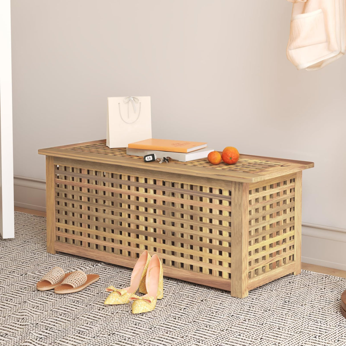 Gashell Bench with Storage, Acacia Laundry Hamper with Seat, Storage Benches with Seating for Entryway, Living Room, Bedroom, Bathroom (15.7x38.6x17.7in) Gashell